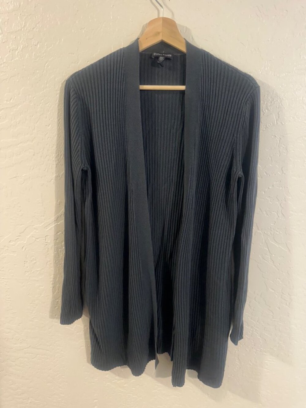 Eileen Fisher Tencel Lyocell Charcoal Grey Long Sleeved Stretchy Ribbed Cardigan